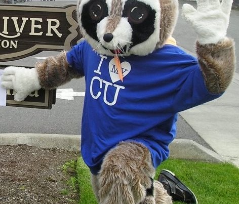 raccoon mascot posing next to white river credit union sign with shirt on that says "i heart my CU"